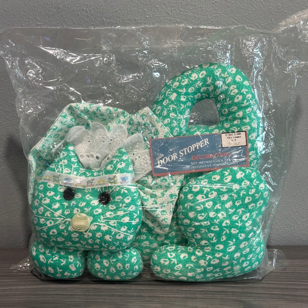 Vintage Floral Calico Cat Door‎ Stopper Green White Fabric Sealed Country Deco